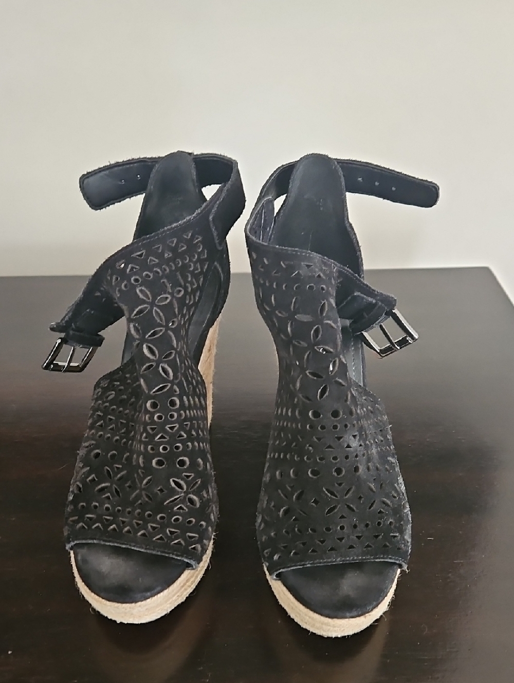 Marc Fisher Black Laser-Cut Espadrille Wedge Sandals